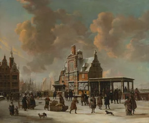 Het Paalhuis en de Nieuwe Brug in Amsterdam tijdens de winter